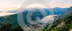 Bay of Kotor with bird`s-eye view. The town of Kotor, Muo, Prcan
