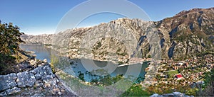 Bay of Kotor and Boko-Kotorsky Bay from the height of Vrmac. View of Kotor. Mountains in Montenegro