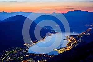 Bay of Kotor at Night. Panorama of Boka-Kotorska bay. Aerial View of Kotor Town, Montenegro.