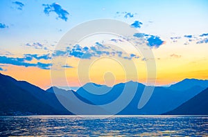Bay of Kotor at Sunset. Panorama of Boka-Kotorska bay, Montenegro.