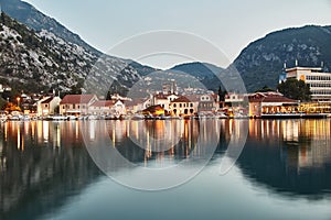 Bay of Kotor. The Town Of Kotor. The reflection in the water. Long exposure. Montenegro.