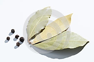 Bay leaf and black pepper isolated on white