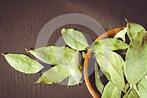 bay leaf on a dark surface/bay leaf in a wooden bowl on a black stone background. Top view