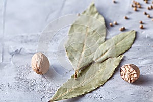 Bay leaf, nutmeg and spices on white textured background, top view, close-up, selective focus.