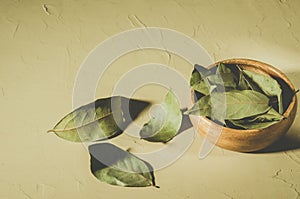 Bay leaf in a wooden bowl/spices of bay leaf in rural style on a light background