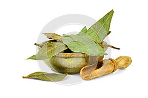 Bay leaf in a wooden cup with a spoon for spices isolated on a white background. Collection of spices and herbs