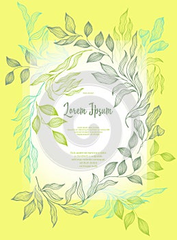 Bay leaves frame vector greeting card template. Rustic card design with laurel foliage.