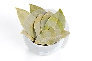 Bay Leaves in a white bowl on white background.