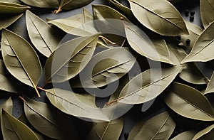 Bay leaves on a white table with black pepper