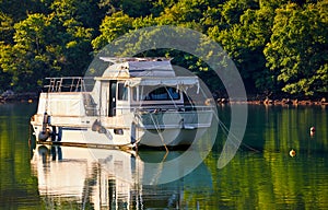 Bay of Lim, Istria, Croatia. Fishing boat catching oysters farm