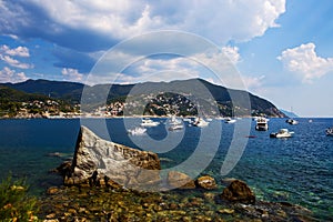 Bay of Moneglia with small boats and yachts, Cinque Terre by night