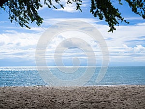 Bay Ocean on Sand Beach with Tree on Blue Sky Background