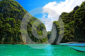 Bay, rocks, sea, boats, Thailand.