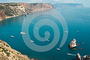 Bay. Top view of the sea with ships from the cape