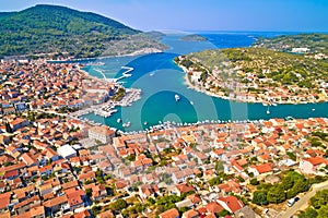 Bay of Vela Luka on Korcula island aerial view photo