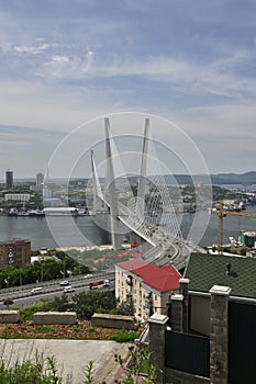 Bay view in Vladivostok, Russia. Warships and fishing ships, boats in marina, port