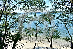 Bay with white sand beach and trees. Porto do Son, CoruÃ±a, Rias Baixas, Galicia, Spain.