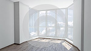 Bay window in empty room with view on cloudy sky. Background plate, chroma key video background.