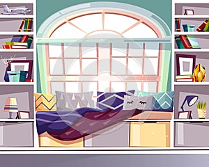 Bay window seat at home library vector interior