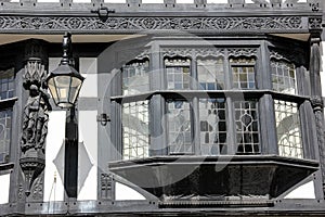 Bay window in Tudor building. Chester. England