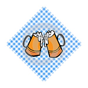 Bayern pattern background. Traditional German Oktoberfest bier festival with two Beer cups. Vector lettering