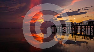 Bayfront Park pier on Mobile Bay at sunset