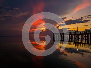 Bayfront Park pier on Mobile Bay at sunset
