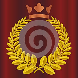 Bayleaf wreath crown award on velvet red curtain background. Royal crown in copper color. Victory, honor, quality vector
