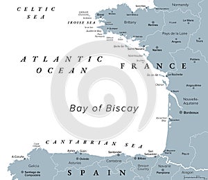 Bay of Biscay, also known as Gulf of Gascony, gray political map photo