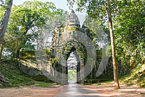 Bayon Temple Entrance, Angkor Thom gate, Siem Reap, Cambodia.Stone Gate of Angkor Thom in Cambodia
