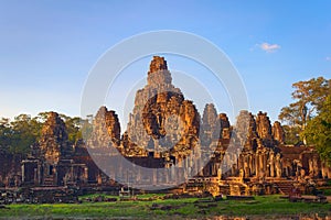 Bayon temple, located in Angkor, Cambodia, the ancient capital city of the Khmer empire. General exterior view from the southwest