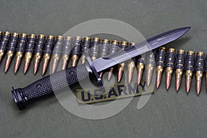 bayonet and ammunition belt on US ARMY uniform