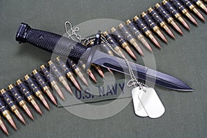 bayonet and ammunition belt on US NAVY uniform