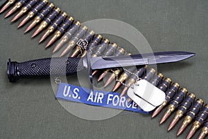 bayonet, dog tags and ammunition belt on US AIR FORCE uniform