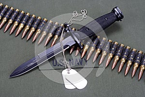bayonet, dog tags and ammunition belt on US NAVY uniform