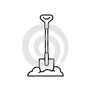 Bayonet shovel stuck in pile of earth. Linear heap of soil and digging tool. Black simple illustration of gardening, uproot, photo