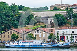 Bayonne. Historical city  in France with buildings in the Nive River