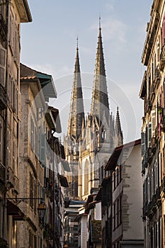 Bayonne Rue Port Neuf with Cathedral Spires in background