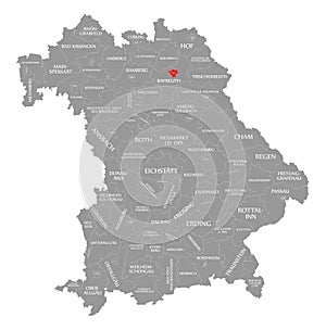 Bayreuth city red highlighted in map of Bavaria Germany