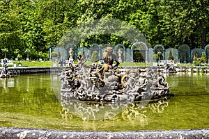 Bayreuth, Germany - May 18, 2023: Fountain at the New Palace of historical Hermitage at Bayreuth, Bavaria, Germany