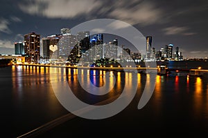 Bayside Miami Downtown MacArthur Causeway from Venetian Causeway. Miami night.