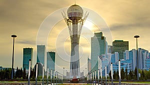 Bayterek tower in Astana capital of Kazakhstan on beautiful sunset timelapse