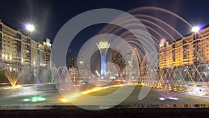 Bayterek Tower and fountain show at night timelapse hyperlapse. Astana, Kazakhstan.