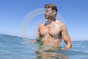 Baywatch model in sea