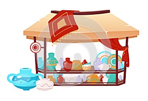 Bazaar awning with handmade earthenware cartoon vector illustration