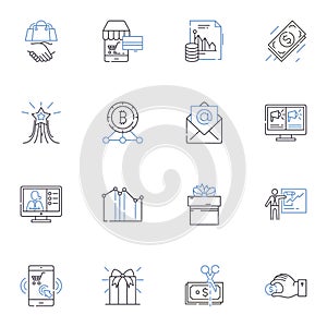 Bazaar and honorarium line icons collection. Market, Fair, Exchange, Contributions, Booths, Vendors, Tokens vector and photo