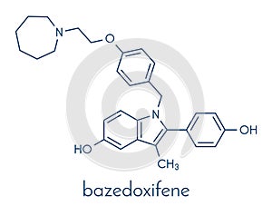 Bazedoxifene postmenopausal osteoporosis prevention drug molecule. Selective estrogen receptor modulator SERM. Skeletal formula. photo