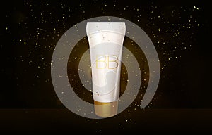 BB cream bottle mock up in golden glitter on black background Foundation tube in gold sparkles shimmer 3D illustration