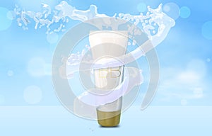 BB cream bottle mock up in water splash on blue bokeh background Foundation tube in water tornado 3D illustration