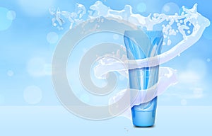 BB cream bottle mock up in water splash on blue bokeh background Foundation tube in water tornado 3D illustration